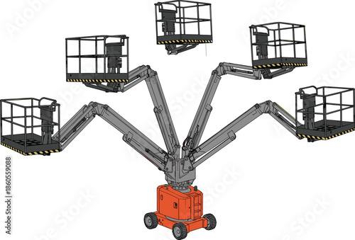 Multi arm aerial work platform lift vector illustration with hydraulic boom baskets isolated industrial maintenance access equipment design