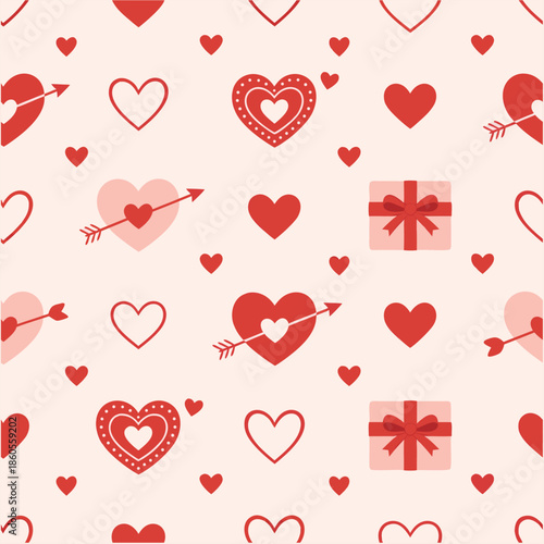 Valentine's Day seamless pattern with hearts, arrows, and gift boxes on a light pink background, perfect for romantic designs and decorations