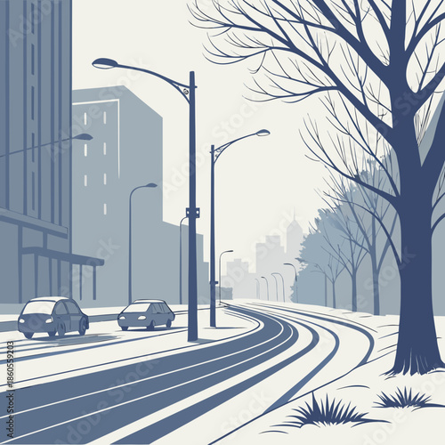 A serene winter cityscape illustration displays a snow covered road lined with bare trees and city buildings