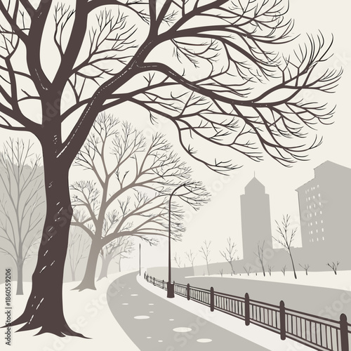 a winter cityscape illustration shows bare trees lining a pathway near buildings with a muted color palette