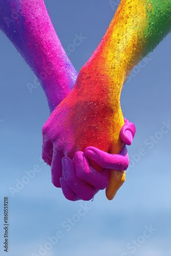 Two hands clasped together, painted in vivid rainbow colors, photorealistic skin texture, close-up, natural sunlight, blue sky background
