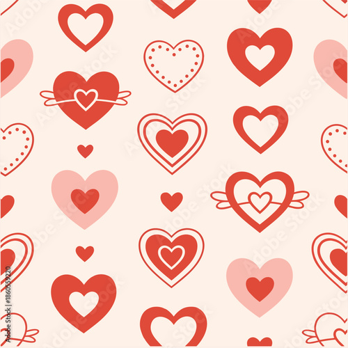 Charming seamless pattern featuring a delightful assortment of stylized hearts in various shades of red and pink, ideal for romantic themes, Valentine's Day designs, or festive celebration backgrounds