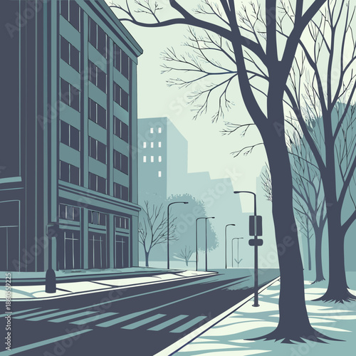 A serene winter street scene depicts a cityscape with tall buildings and bare trees under a soft hazy sky