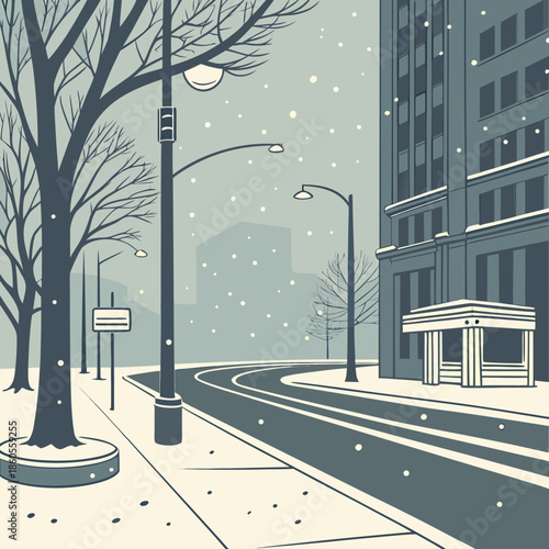 a serene winter cityscape illustration depicts a quiet street covered in snow with bare trees and illuminated streetlights