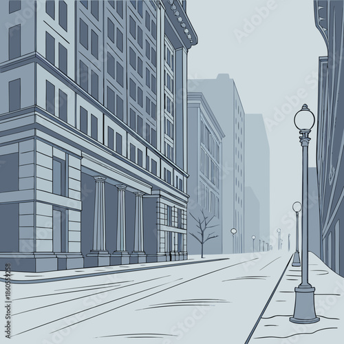 a stylized illustration depicts an empty city street with tall buildings and a classic street lamp creating a sense of