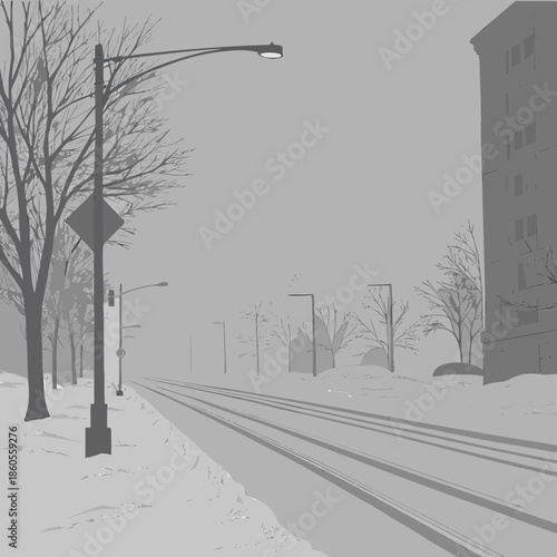 A grayscale winter scene depicts a snow covered street with bare trees and streetlights under an overcast sky