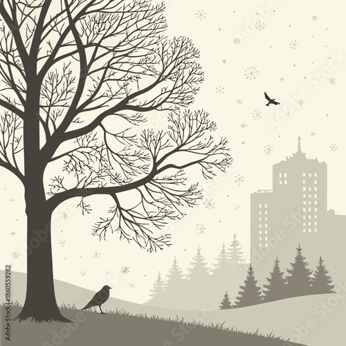 A serene winter landscape featuring a bare tree a distant cityscape and a lone bird perched on the ground evoking