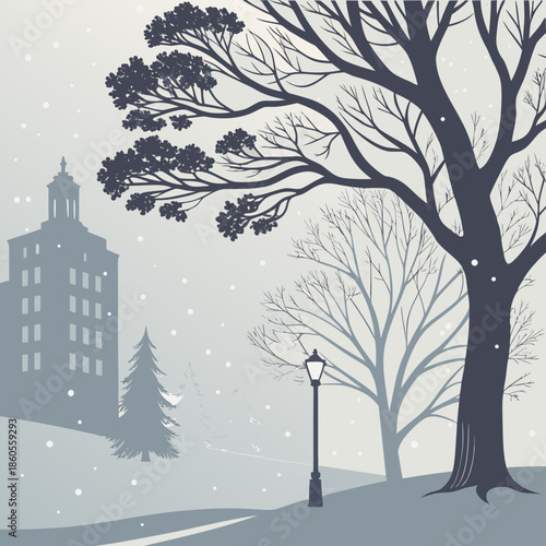 A serene winter landscape depicts bare trees a distant building falling snow and a quaint street lamp illuminating the scene