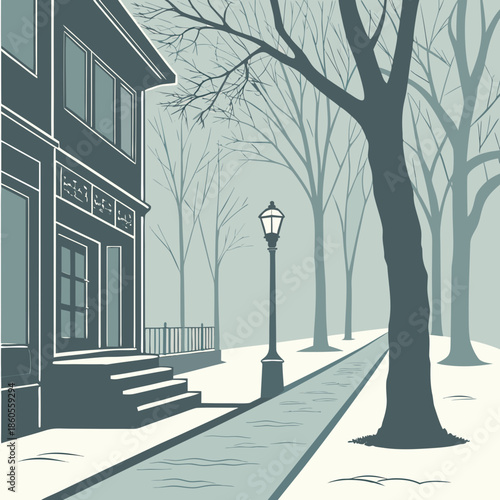 A quiet winter street scene depicts a building with snow covered steps a street lamp and bare trees in a