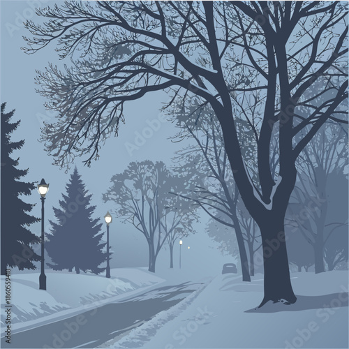 A serene winter landscape depicts a misty street lined with bare trees and softly glowing lampposts in the distance