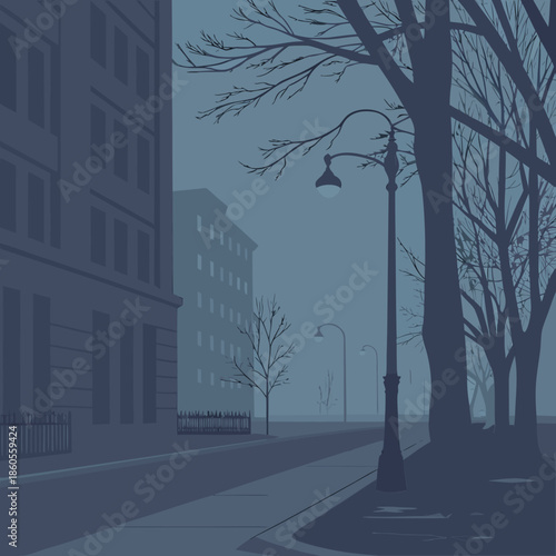 a dimly lit city street scene at dusk featuring bare trees and vintage street lamps creates a moody atmosphere