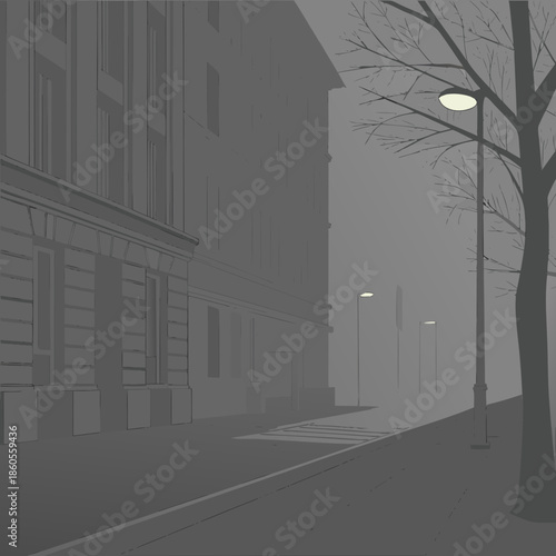A monochromatic illustration depicts a quiet foggy street lined with tall buildings and street lamps at night