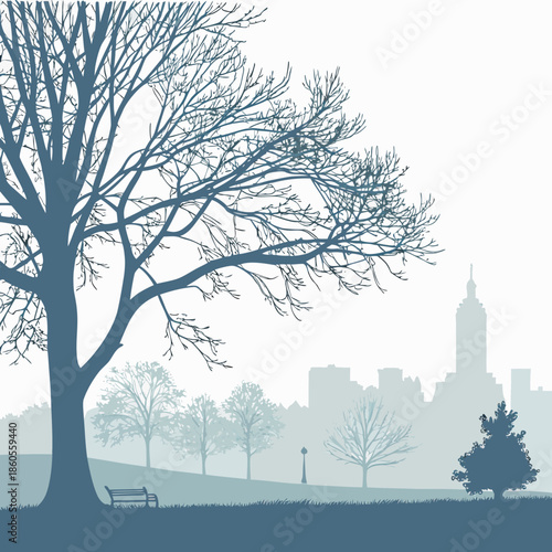 A serene winter cityscape featuring a bare tree silhouette against the soft backdrop of a distant urban skyline