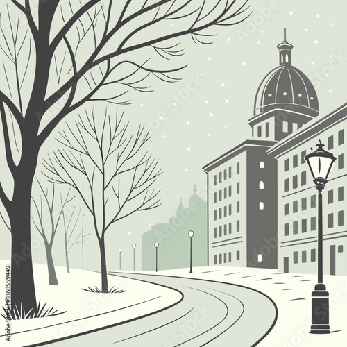A serene winter landscape depicts a curved road leading towards classic architecture under a softly falling snow