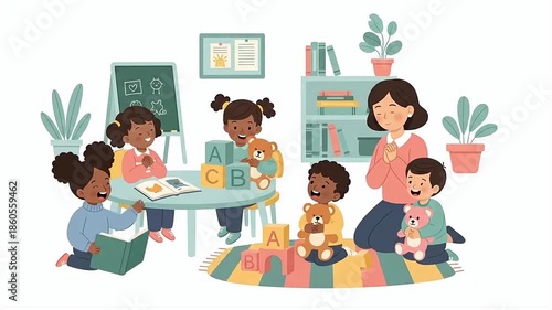 Diverse group of children enjoying a lesson with a teacher in a colorful classroom filled with toys
