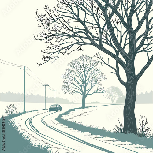 A muted landscape depicting a winding road bare trees in winter and a solitary car traveling along the path