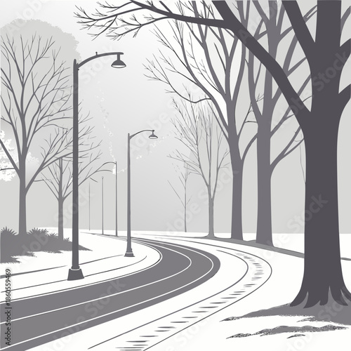 A serene winter street scene features bare trees snow covered ground and vintage street lamps lining a curving roadway