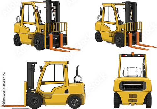 Yellow forklift truck vector illustration set with front side rear views isolated industrial warehouse equipment design for logistics loading operations