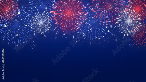 Red white and blue fireworks exploding against dark blue night sky with stars president day 2026 America