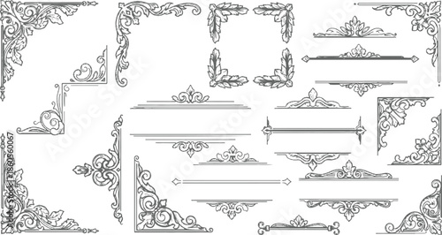 Set of vintage decorative design elements featuring ornamental victorian frames and floral calligraphic scrolls for classic wedding invitation labels and retro vector illustrations