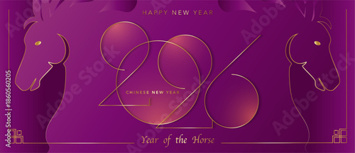 2026 Chinese New Year in red background. Year of the Horse. Vector modern art gold numbers design for cover, card, poster, banner, logo zodiac sign. Golden luxury template