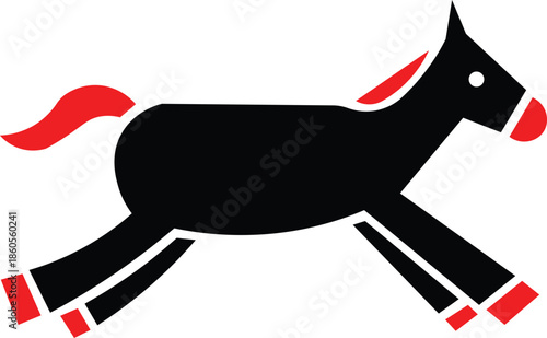 black horse silhouette running with red mane tail and hooves in dynamic galloping motion isolated on white background.