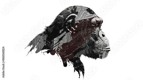 Layered Paint Texture Chimpanzee Silhouette Isolated on Transparent Background for Modern Wildlife Art