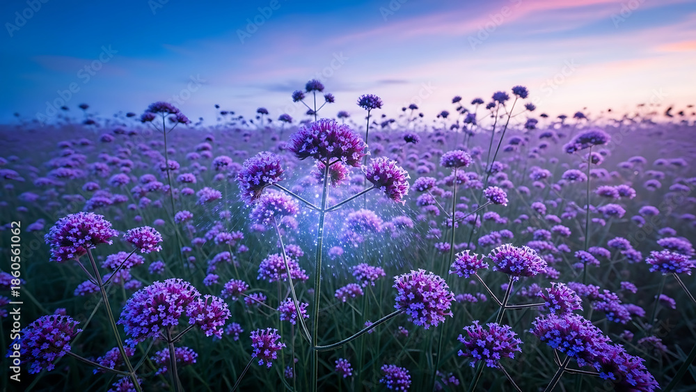 Fototapeta premium Vibrant purple flowers in a serene field at sunset with a clear blue sky and soft pink clouds in the background, natural landscape photography