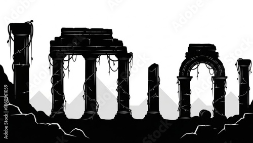 Black and white image of ancient Greek and Roman stone columns standing in historic temple ruins under the sky in Europe