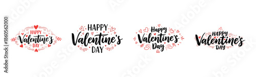 Happy Valentine’s Day Typography Set with Hearts, Floral Elements and Decorative Calligraphy for Romantic Holiday Designs