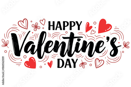 Happy Valentine’s Day Typography Set with Hearts, Floral Elements and Decorative Calligraphy for Romantic Holiday Designs