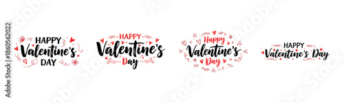 Happy Valentine’s Day Typography Set with Hearts, Floral Elements and Decorative Calligraphy for Romantic Holiday Designs