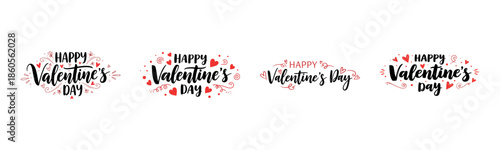 Happy Valentine’s Day Typography Set with Hearts, Floral Elements and Decorative Calligraphy for Romantic Holiday Designs