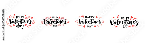 Happy Valentine’s Day Typography Set with Hearts, Floral Elements and Decorative Calligraphy for Romantic Holiday Designs