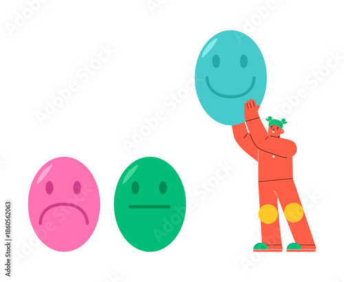 Good feedback rating. Woman picking happy smile symbol. Colorful vector illustration