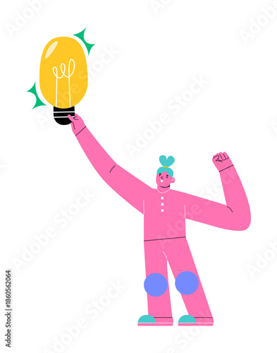 Happy woman holding lightbulb. Editable concept. Colorful vector illustration