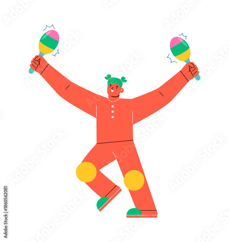 Happy woman playing maracas. Colorful vector illustration