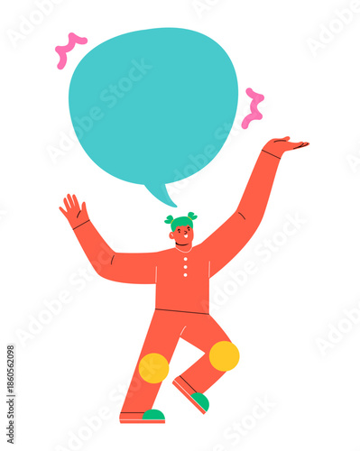 Happy woman with speech bubbles. Colorful vector illustration