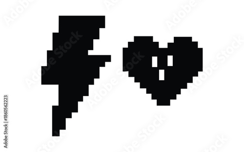 Black pixel art lightning bolt and heart icons isolated on white background flat