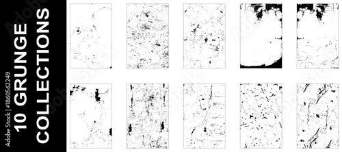 Collection of 10 grunge dust and scratch wall texture. Abstract monochrome background. Vector illustration.