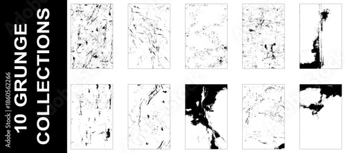 Collection of 10 grunge dust and scratch wall texture. Abstract monochrome background. Vector illustration.