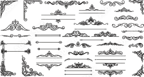 Set of vintage calligraphic design elements featuring ornamental victorian frames floral borders and decorative retro dividers for classic page decoration