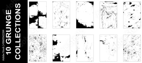 Collection of 10 grunge dust and scratch wall texture. Abstract monochrome background. Set of grunge textures. Vector rectangular backgrounds.
