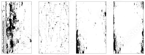 Collection of 4 grunge dust and scratch wall texture. Abstract monochrome background. Black and white texture pattern with ink spots, cracks, stains. for printing and design
