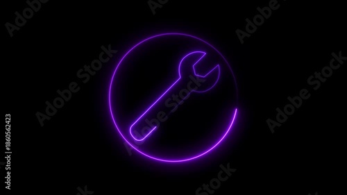 Glowing neon line technology setting icon with spinning gears icon. Repair service icon with neon circle. Neon Glowing settings Gear and wrench icon animation