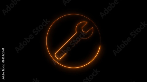 Glowing neon line technology setting icon with spinning gears icon. Repair service icon with neon circle. Neon Glowing settings Gear and wrench icon animation