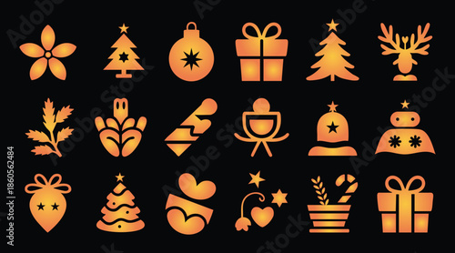 A festive collection of golden Christmas-themed icons, including trees, ornaments, gifts, and reindeer, perfect for holiday designs and decorations