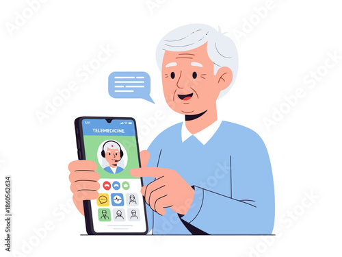 Elderly Man Uses Mobile Device for Telehealth Consultation