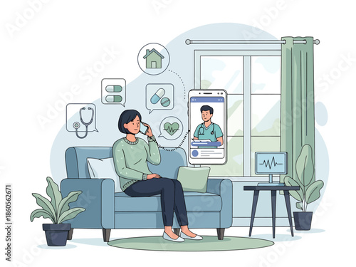 Remote Healthcare Consultation Woman Discussing Health with Doctor via Mobile Device at Home