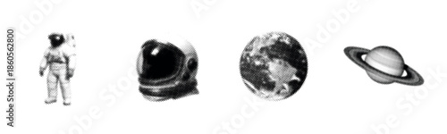 Monochrome space exploration: astronaut, helmet, earth, and saturn